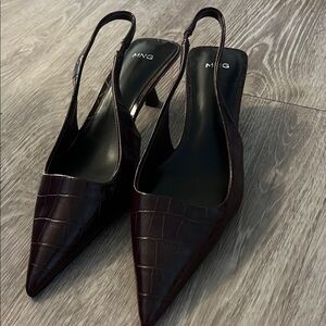 Mango Croc-Embossed Slingback Pointed Toe Pumps in Dark Burgundy